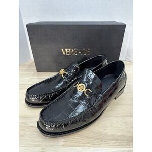 Versace Size 46 Men's 13 Black Leather Medusa Croc Effect Loafers Shoes - NEW
